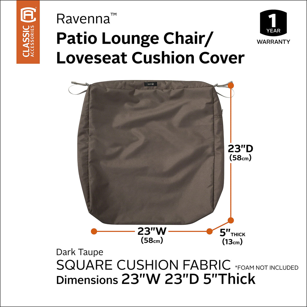 Classic Accessories Ravenna Water-Resistant 23 x 23 x 5 Inch Square Outdoor Seat Cushion Slip Cover, Patio Furniture Chair Cushion Cover, Mushroom, Patio Furniture Cushion Covers Retail $31.99