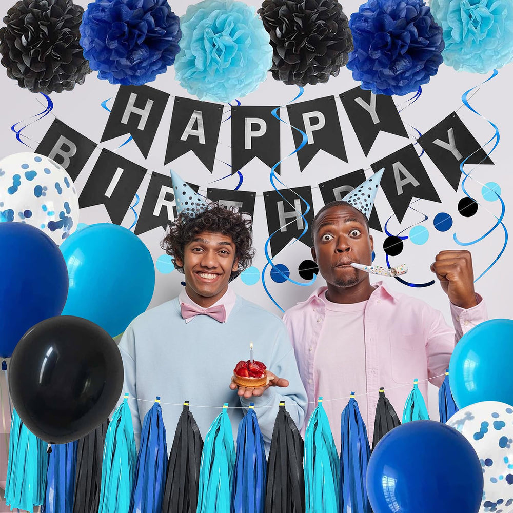 YGBMDZ Black Blue Birthday Party Decorations for Men Boys with Happy Birthday Banner,Hanging Swirls,Tissue Paper Pompoms,Circle Dots Garland,Tassel Garland and Blue Birthday Balloons Retail $14.99