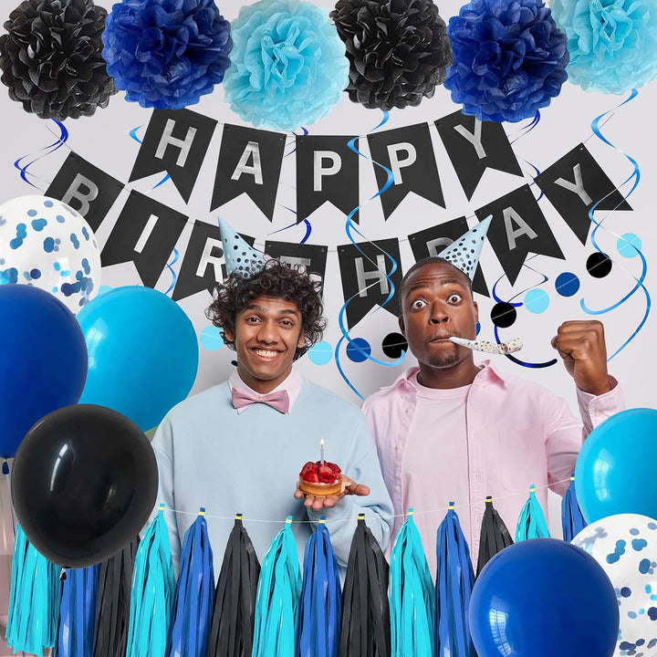 YGBMDZ Black Blue Birthday Party Decorations for Men Boys with Happy Birthday Banner,Hanging Swirls,Tissue Paper Pompoms,Circle Dots Garland,Tassel Garland and Blue Birthday Balloons Retail $14.99