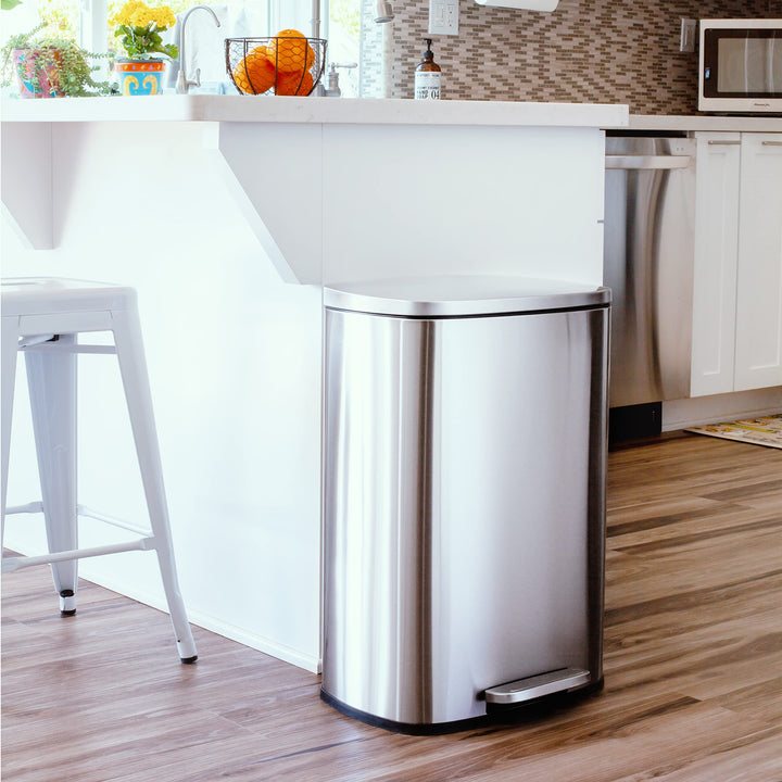 QUALIAZERO 50L/13Gal Heavy Duty Hands-Free Stainless Steel Commercial/Kitchen Step Trash Can, Fingerprint-Resistant Soft Close Lid Trashcan, 50L / 13 GAL Retail $69.98