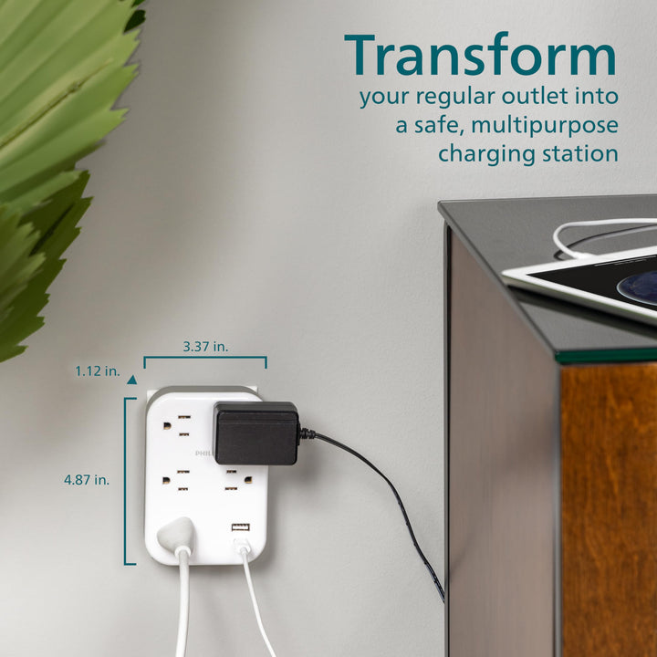 Philips EZFit 5-Outlet Extender Wall Tap with Surge Protection, Grounded Adapter, Charging Station, 3 Prong, 1 USB-A, 1 USB-C, 900J, White, SPP3513W/37 Retail $26.99