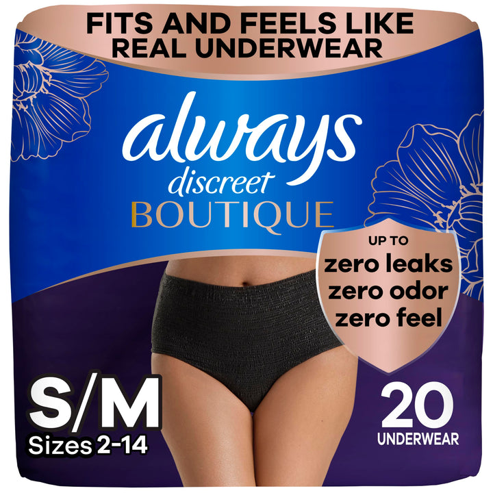 Always Discreet Boutique Incontinence and Postpartum Underwear for Women, Maximum Protection, Small/Medium, Black, 20 Count