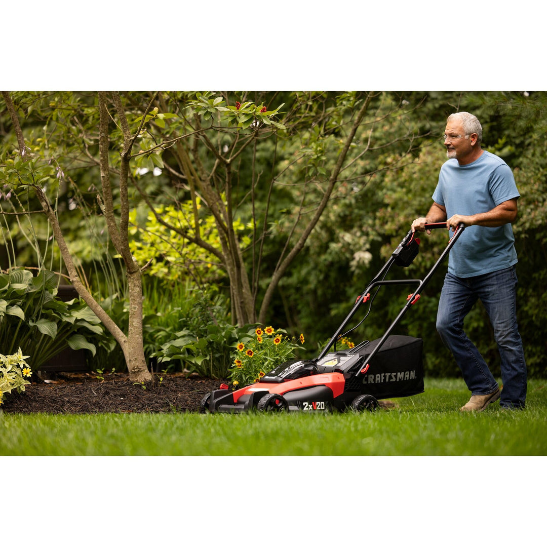 CRAFTSMAN V20 Lawn Mower, Push Mower, Lightweight and Portable, Grass Bag, Battery and Charger Included (CMCMW220P2) Retail $329.00