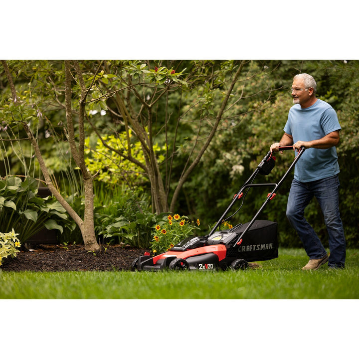 CRAFTSMAN V20 Lawn Mower, Push Mower, Lightweight and Portable, Grass Bag, Battery and Charger Included (CMCMW220P2) Retail $329.00