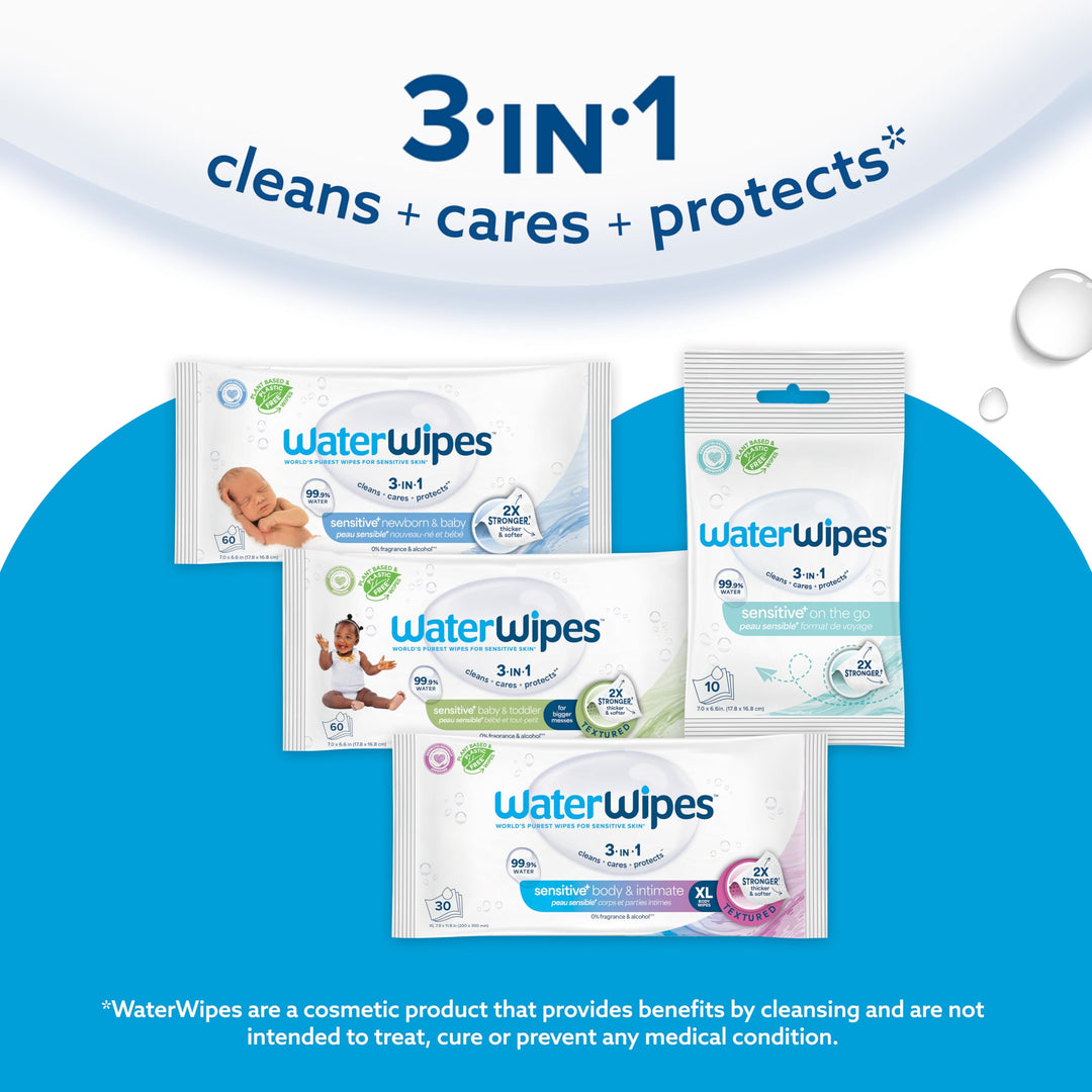 WaterWipes Sensitive+ Body & Intimate Wipes, 3-In-1 Cleans, Cares, Protects, 99.9% Water, Unscented & Hypoallergenic Hygiene Wet Wipes, Adult Care,180 Wipes (6 Packs)