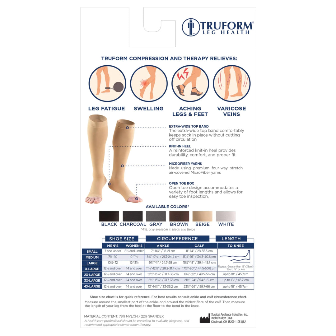 Truform 20-30 mmHg Compression Stockings for Men and Women, Knee High Length, Open Toe, Charcoal, Medium