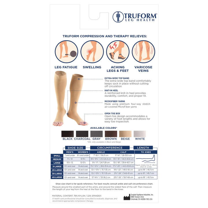 Truform 20-30 mmHg Compression Stockings for Men and Women, Knee High Length, Open Toe, Charcoal, Medium