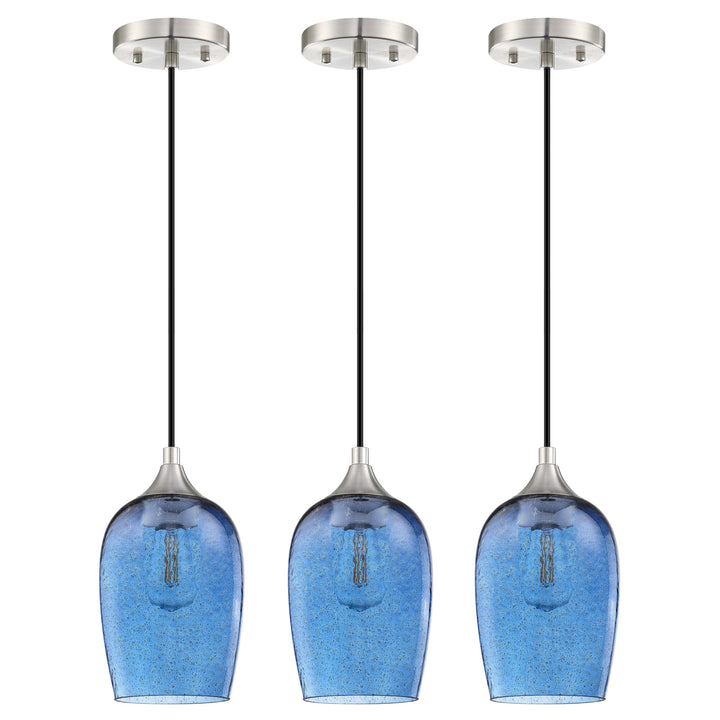 3 Pack 1 Light Hanging Indoor Kitchen Island Pendant Lights 5.1" Hand Blown Black Seeded Ancient Blue Glass Ceiling Light Fixtures Brushed Nickel Finish Modern Farmhouse Dinning Over Sink Retail $96.99