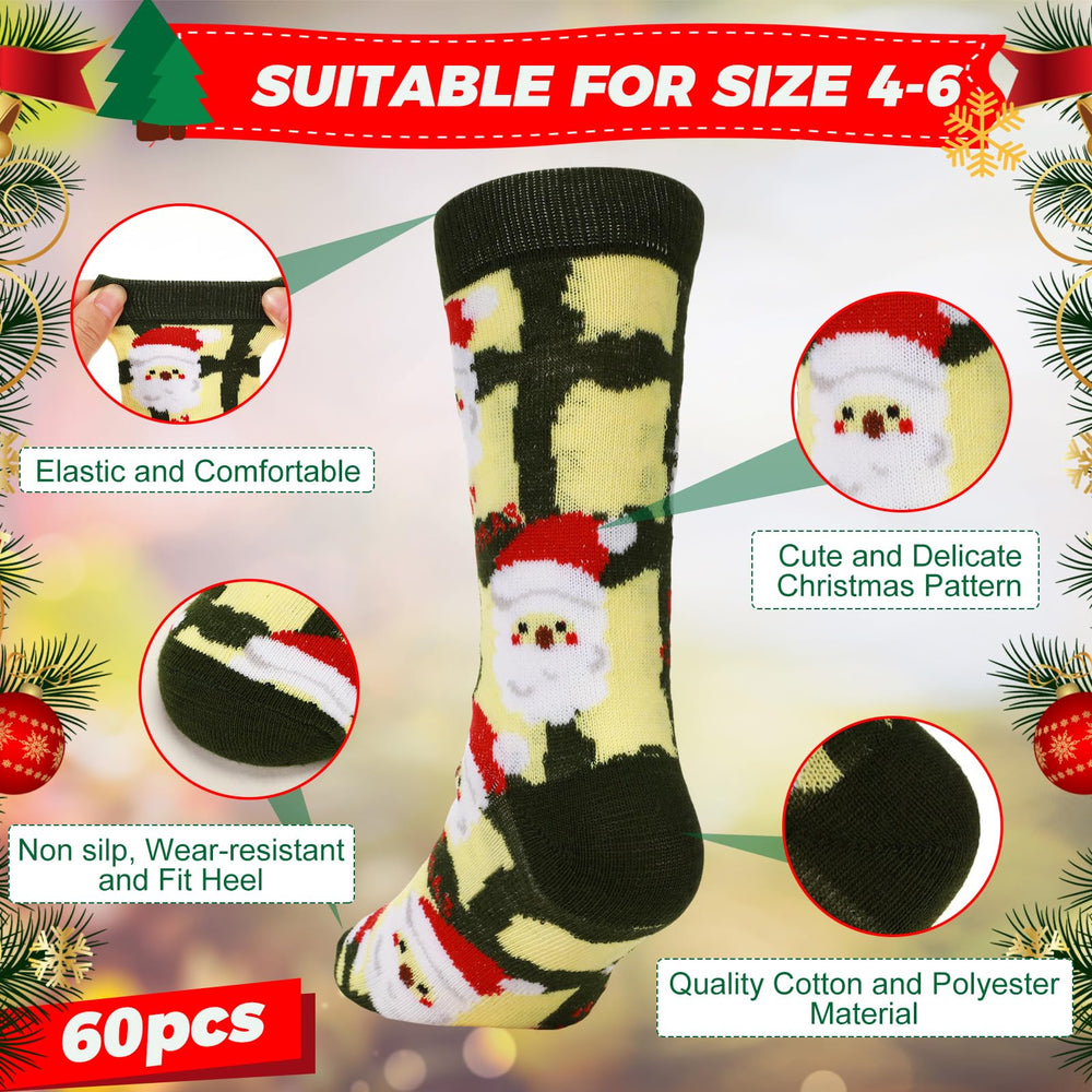 Hiboom 60 Pair Kid Christmas Socks Colorful Cute Creative Fancy Crew Novelty Fun Design Socks for Toddler Children Boys Girls Warm Winter Crew Socks Xmas Gift, Novelty Cotton and Polyester, 4-6 Years Retail $100.00