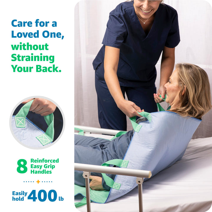Improvia Positioning Bed Pad, with 8 Reinforced Handles, Quick-Drying, Washable, Waterproof, for Lifting, Turning, Transfering, Elderly and Incontinence Patients (Green, 34" x 52" - Pack of 1)