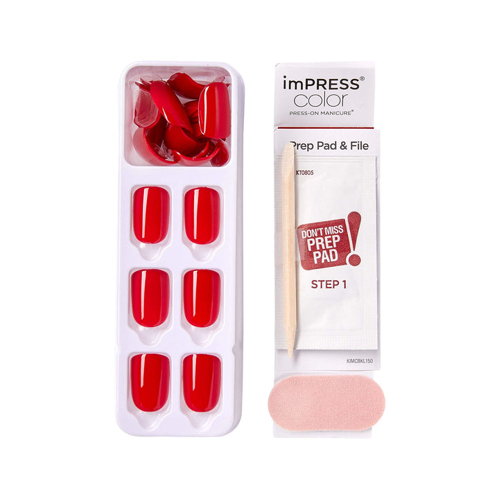 KISS imPRESS Color Polish-Free Solid Color Press-On Nails, PureFit Technology, Short Length, 'Reddy or Not', Includes Prep Pad, Mini Nail File, Cuticle Stick and 30 Fake Nails