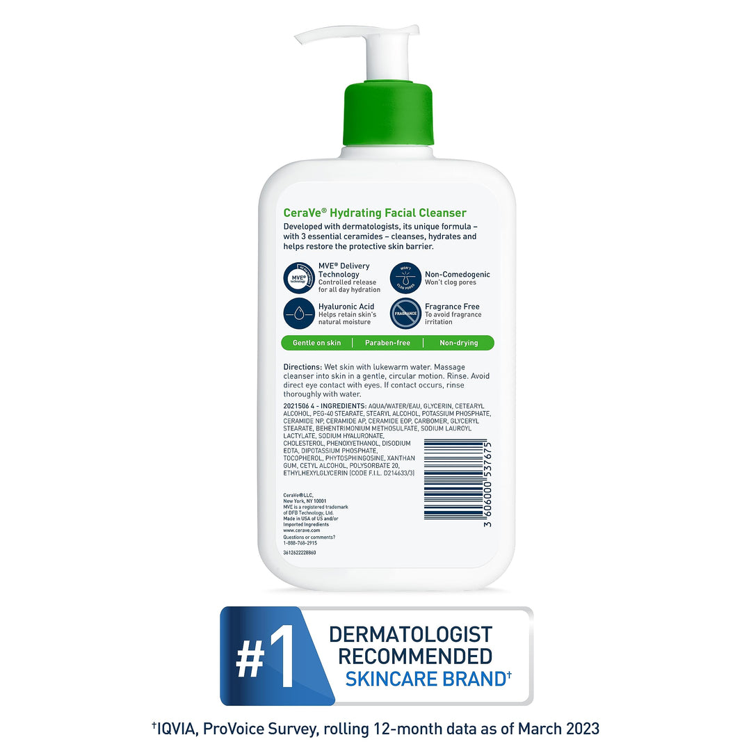 CeraVe Hydrating Facial Cleanser, Moisturizing Face Wash For Dry Skin, Hyaluronic Acid + Ceramides + Glycerin, Hydrating Cleanser For Normal To Dry Skin, National Eczema Association Certified