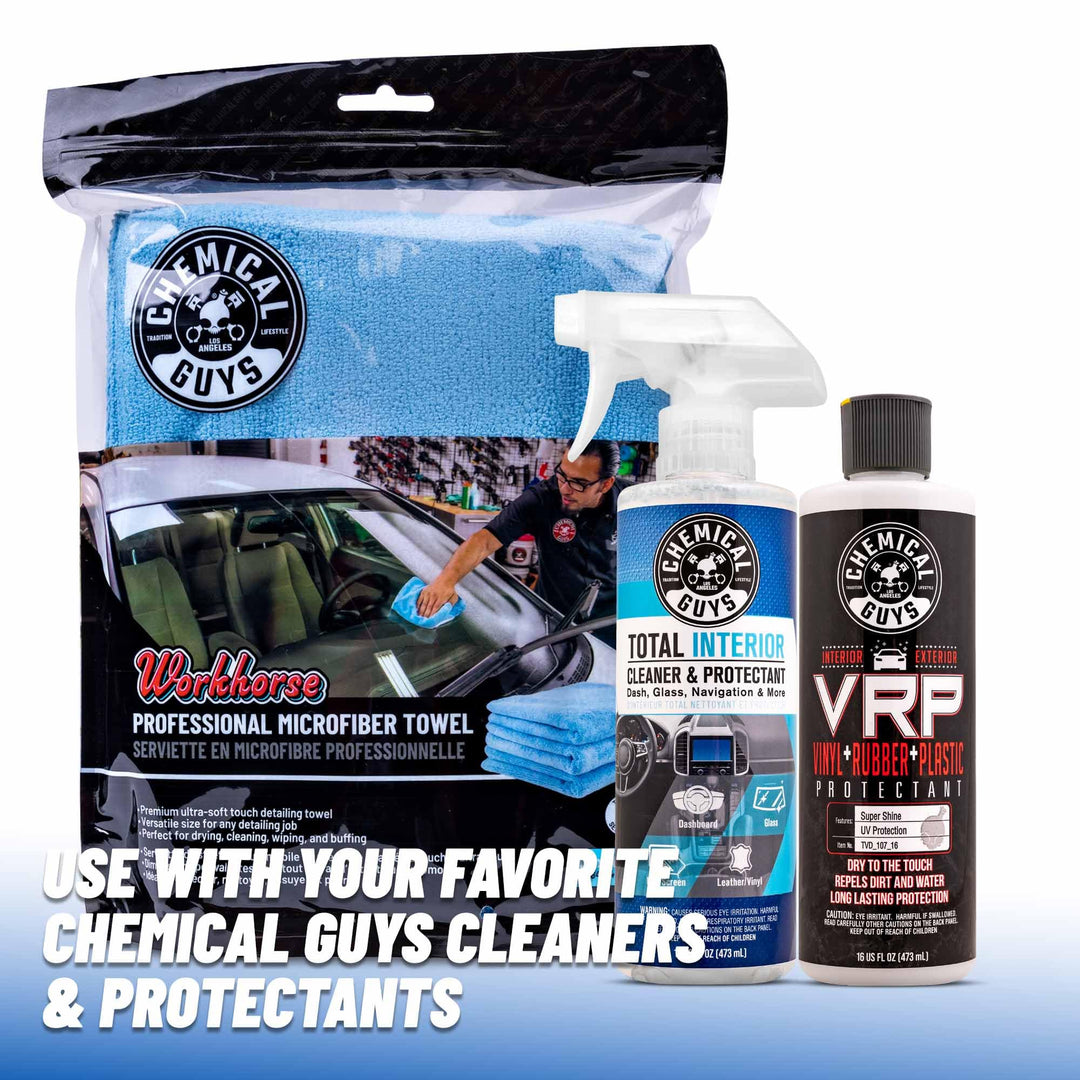 Chemical Guys MICBLUE03 Workhorse Professional Microfiber Towel, Blue (Safe for Car Wash, Home Cleaning & Pet Drying Cloths) 16" x 16", Pack of 3 Retail $9.99