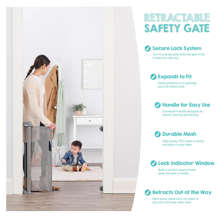 Regalo Safety 50" Extra Wide Retractable Baby Gate, Mesh Safety Gate for Doorways, Hallways & Bottom of Stairs, Hardware Mounted Gate for Babies, Toddlers & Pets, Lock Indicator Window, Gray Retail $34.98