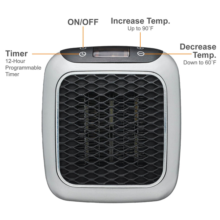 Ontel Handy Heater Turbo Wall Outlet Plug In Heater – Portable Indoor Ceramic Space Heater w/Adjustable Thermostat, 12-Hour Timer, Auto Shut Off, Quiet – Plug In Wall for Office, Bedroom, Camping Retail $29.99