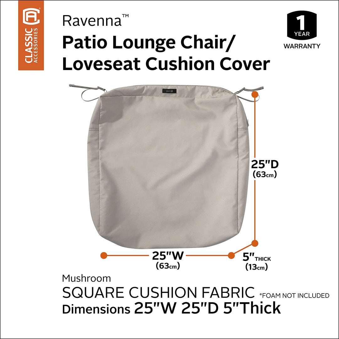Classic Accessories Ravenna Water-Resistant Patio Lounge Chair/Loveseat Cushion Cover, 25 x 25 x 5 Inch, Mushroom, Patio Furniture Cushion Covers Retail $19.99