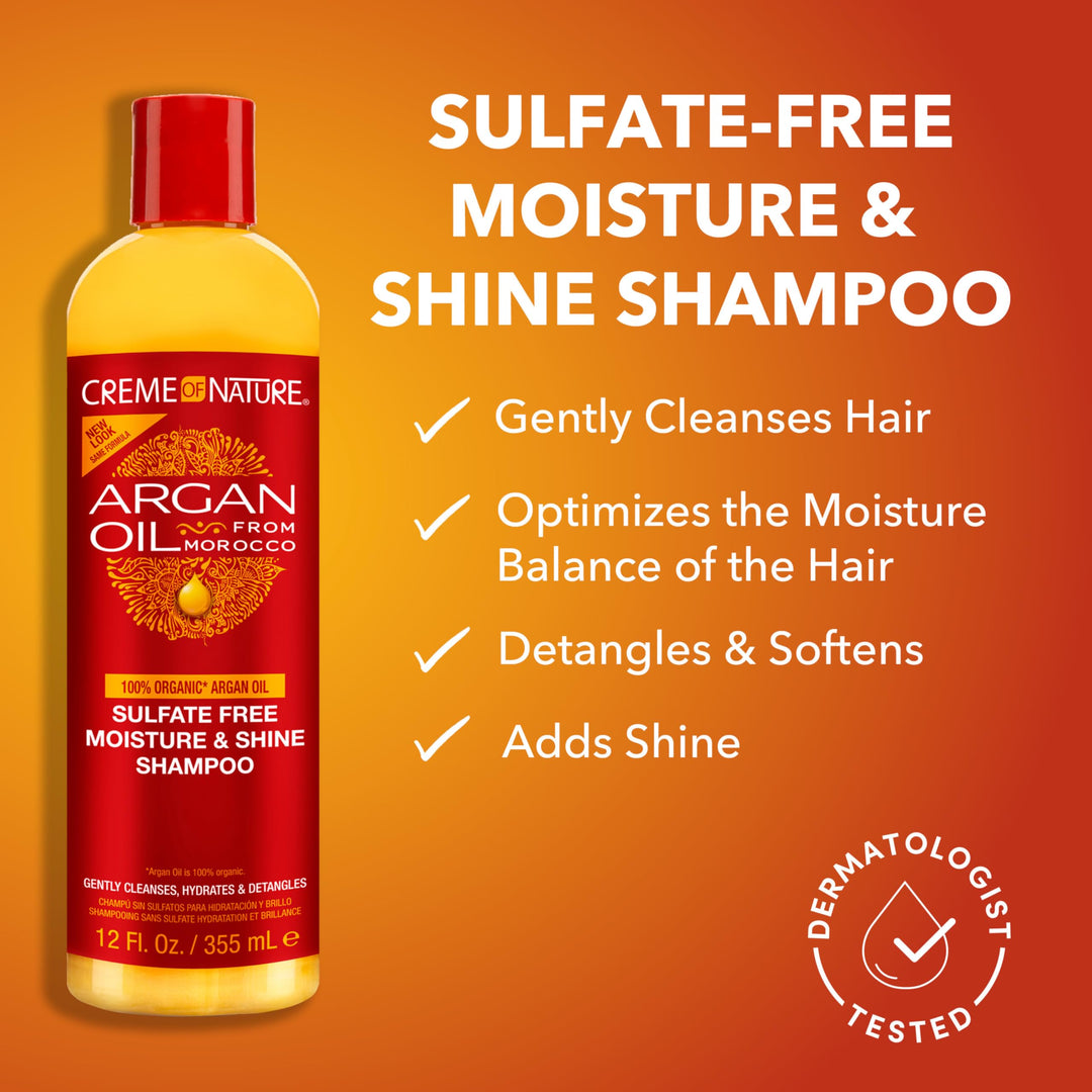 Creme of Nature Sulfate-Free Moisture & Shine Shampoo, Gently Cleanses, Hydrates & Detangles, 100% Pure Argan Oil from Morocco, Gift for Women, 12 fl oz