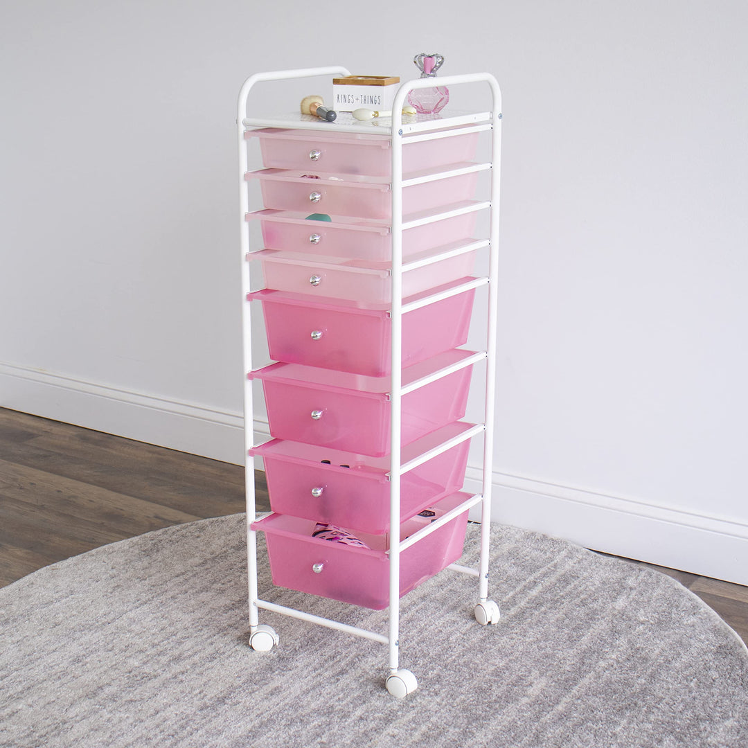 Humble Crew 8 Drawer Rolling Storage Cart with Wheels, Slim Plastic Organizer Trolley for Crafts, Office, School, Makeup & More, Metal Frame, Pink
