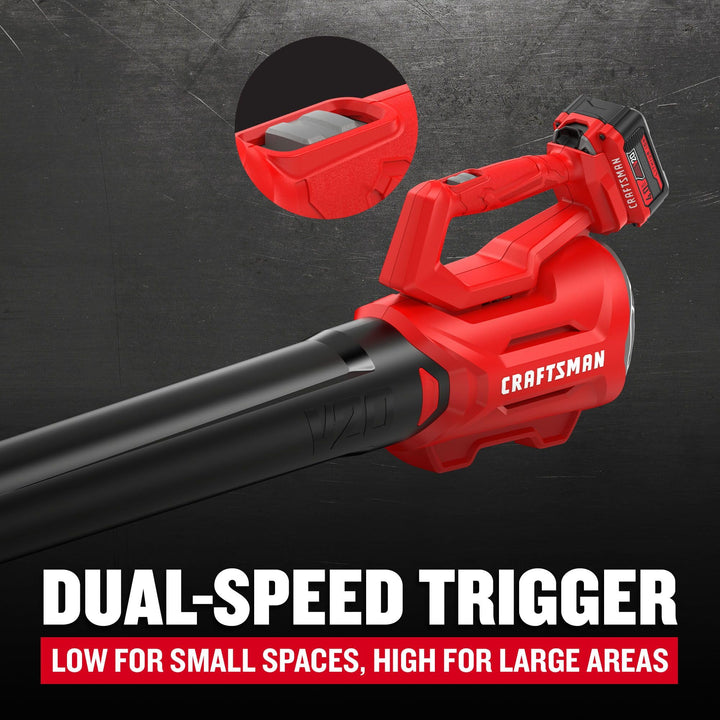 CRAFTSMAN V20 Cordless Axial Leaf Blower Kit, Includes 4.0 Ah Battery and Charger, 100 MPH and 380 CFM Clearing Power, Lightweight, 2 Speed Trigger (CMCBL700M1) Retail $119.00