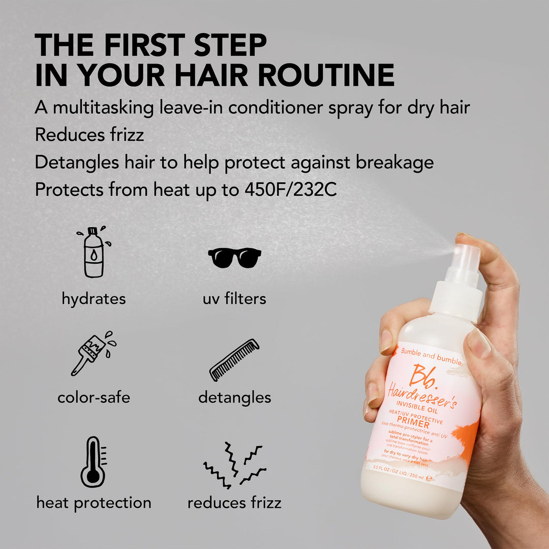 Bumble and bumble. Hairdresser's Invisible Oil Heat/UV Protection Leave-In Conditioner Hair Primer | Hydrating, Anti Frizz, Color Safe | Straight, Coily | With Argan + Coconut Oil, 8.5 Fl Oz Retail $34.00