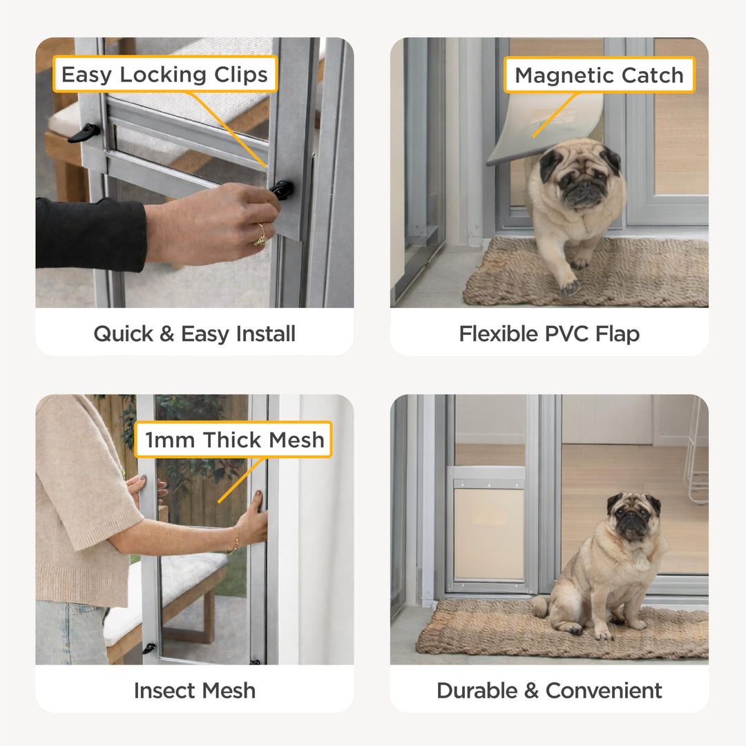 Hakuna Pets V2 Patio Pet Door Screen Insert Panel for Sliding Doors, Fits Door Track Min Ht 62.99" to Max Ht 84.25",UV Resistant Mesh, Locking Magnetic Dog Door, Easy Install and Removal,Large,Silver Retail $134.99