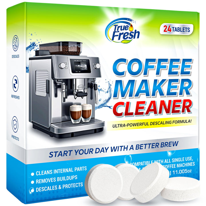 True Fresh Coffee Machine Descaler & Cleaner Tablets - 24 Count, Uses for Keurig, Breville, Miele, Delonghi, Ninja, Nespresso, Coffee Maker Pot cleaning Tabs, Descale Drip Coffee & Espresso Machines