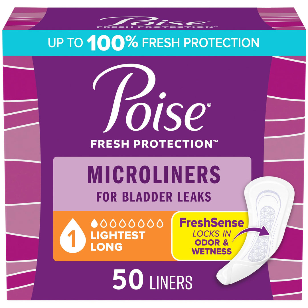 Poise Daily Microliners, Incontinence Panty Liners for Bladder Leaks, 1 Drop Lightest Absorbency, Long Length, 50 Count of Pantiliners