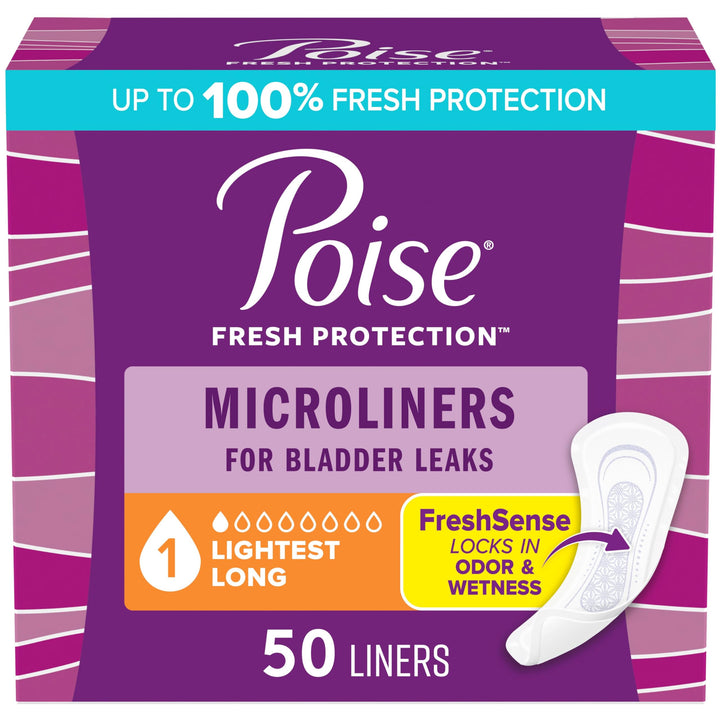 Poise Daily Microliners, Incontinence Panty Liners for Bladder Leaks, 1 Drop Lightest Absorbency, Long Length, 50 Count of Pantiliners