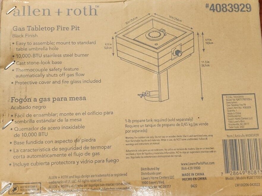 Allen + Roth Gas Tabletop Fire Pit - Black Finish - #4083929