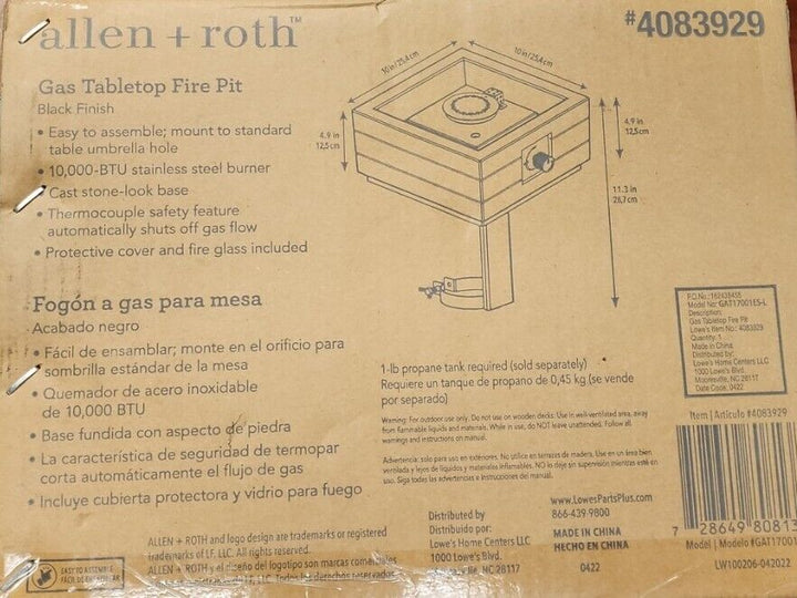 Allen + Roth Gas Tabletop Fire Pit - Black Finish - #4083929