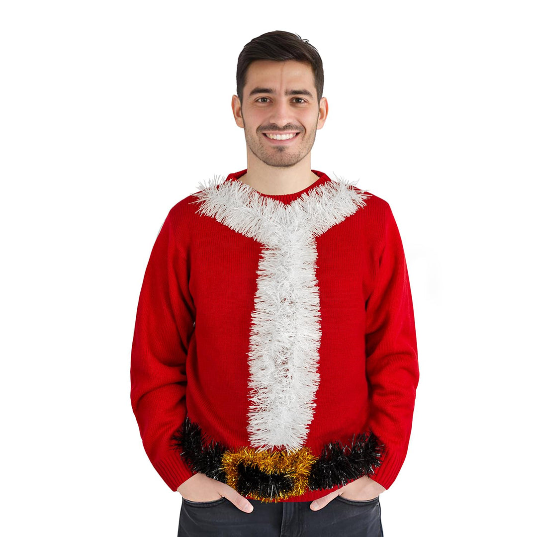 Men's Ugly Christmas Sweaters, Funny Novelty 3D Tinsel Santa Claus Knit Sweater for Adults, Traditional Crewneck Long Sleeve Pullover for Holiday Party Festive Decorations, Medium Red Retail $35.00