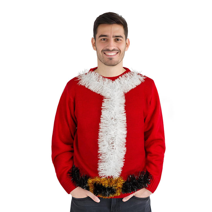 Men's Ugly Christmas Sweaters, Funny Novelty 3D Tinsel Santa Claus Knit Sweater for Adults, Traditional Crewneck Long Sleeve Pullover for Holiday Party Festive Decorations, Medium Red Retail $35.00