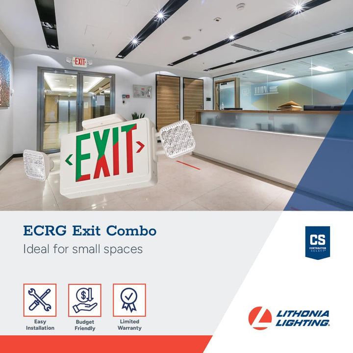 Lithonia Lighting Basics LED Exit Sign/Emergency Light Combo, Red/Green Switchable Exit Sign and Emergency Lights for Business, 2-Head Fixture, Square Lamp Heads, White (ECRG SQ M6)