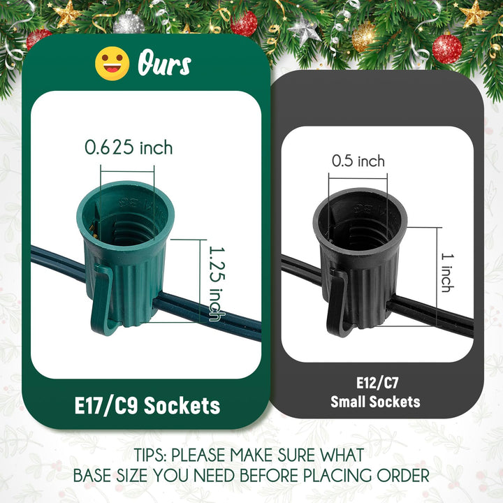 Brightown C9 Light Strand, 100 FT Outdoor String Lights Christmas Stringer with 100 Sockets for Christmas Decor Patio, E17 Light Socket, 12 Spacing, Green Wire