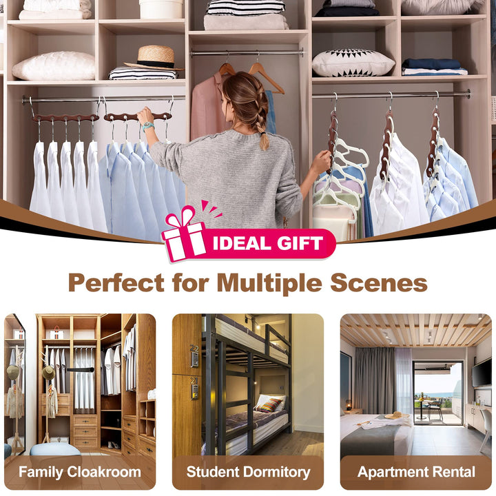 KIDSMOYVE Space Saving Wooden Closet Hangers, 6 Piece Set, Walnut Color, Ideal for Dorms and Small Spaces