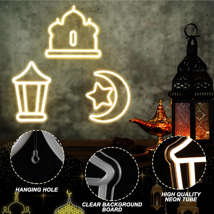 ROCEEI 3 Pcs Ramadan Eid Mubarak Neon Sign, Moon Star Castle Neon Lights Gift Box Neon LED Lights USB Wall Bar Living Room Decor for Ramadan Eid Mubarak Party Holiday Night Bedroom Gifts