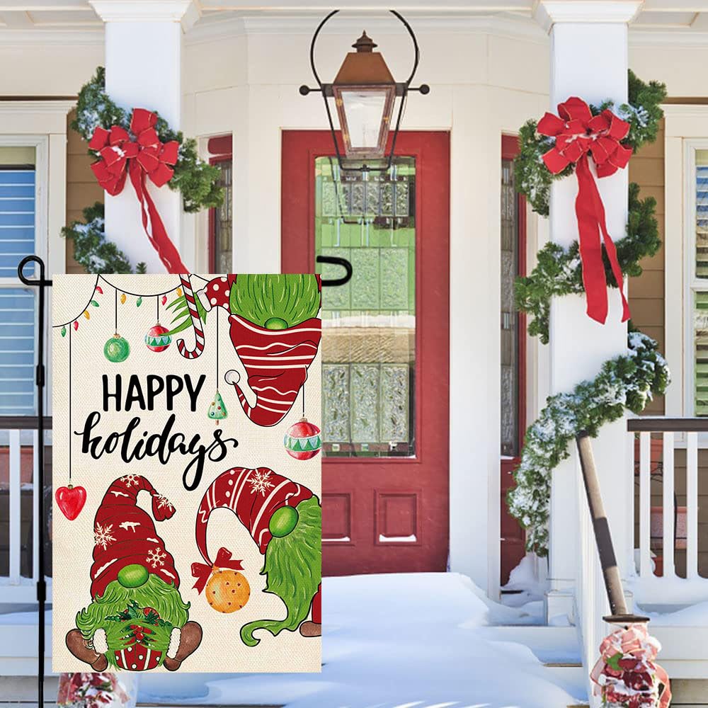 ORTIGIA Christmas Gnome Garden Flag Happy Holidays Burlap Vertical Double Sided Christmas Snowman Ball Qrnaments Flag Xmas Farmhouse Seasonal Winter Holiday Yard Outdoor Decoration 12x18 Inch