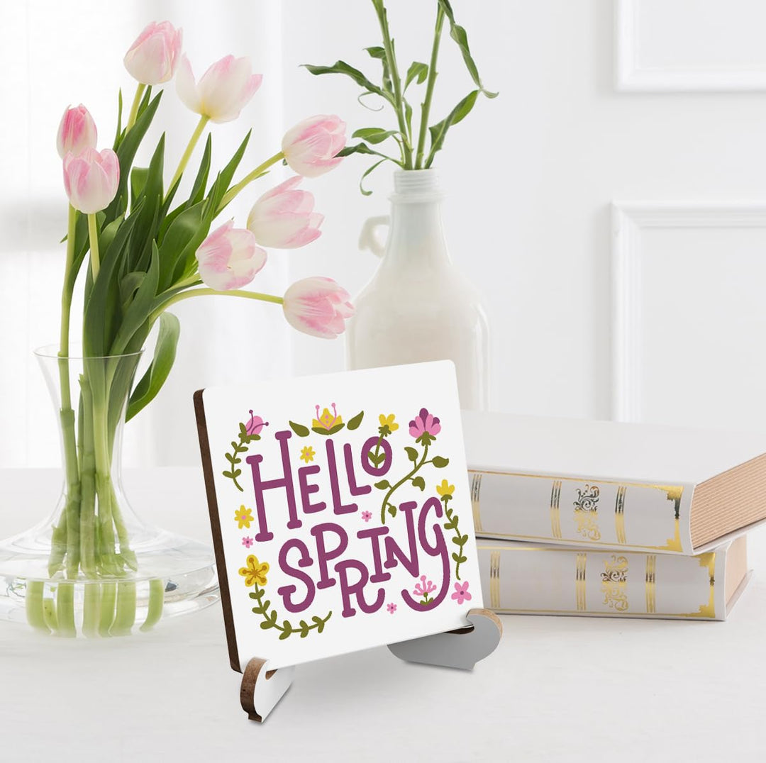 Rustic Home Office Desk Decor for Women Spring Wood Plaque Sign With Stand Farmhouse Bathroom Shelf Cubicle Bookshelf Tiered Tray Decor Coworker Gifts for Mom Friend 4 X 4 In