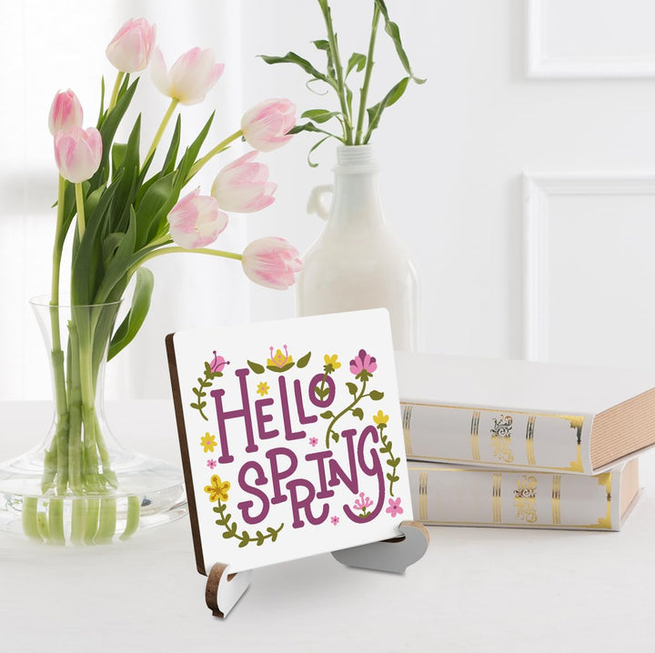 Rustic Home Office Desk Decor for Women Spring Wood Plaque Sign With Stand Farmhouse Bathroom Shelf Cubicle Bookshelf Tiered Tray Decor Coworker Gifts for Mom Friend 4 X 4 In