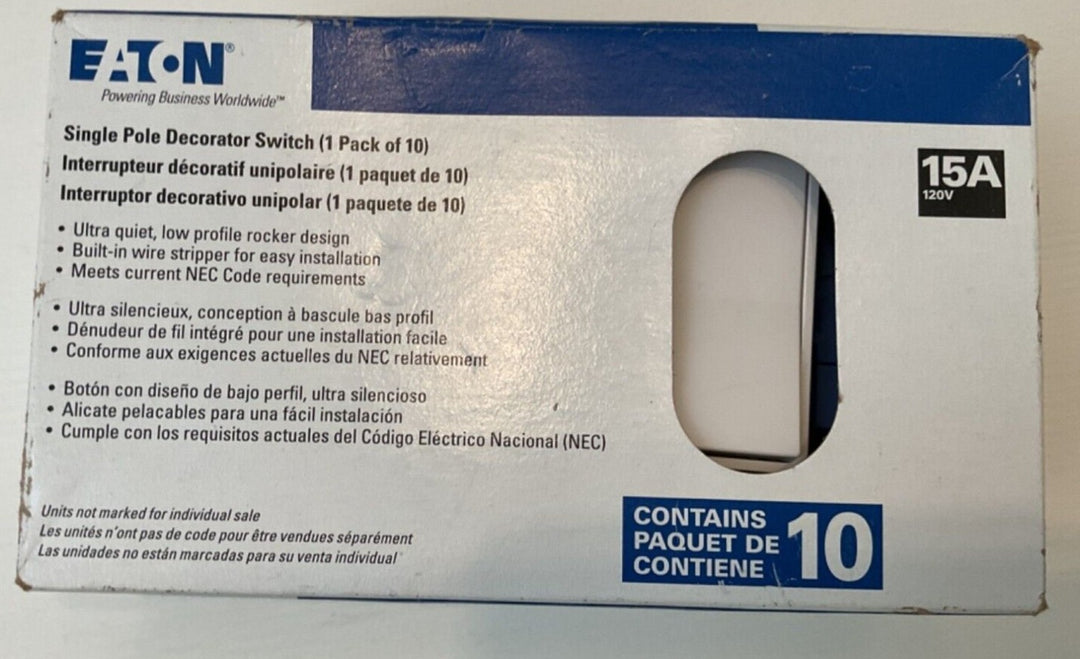Eaton 7501W-10-LW Single Pole Decorator Switch White 15A 120V/277V