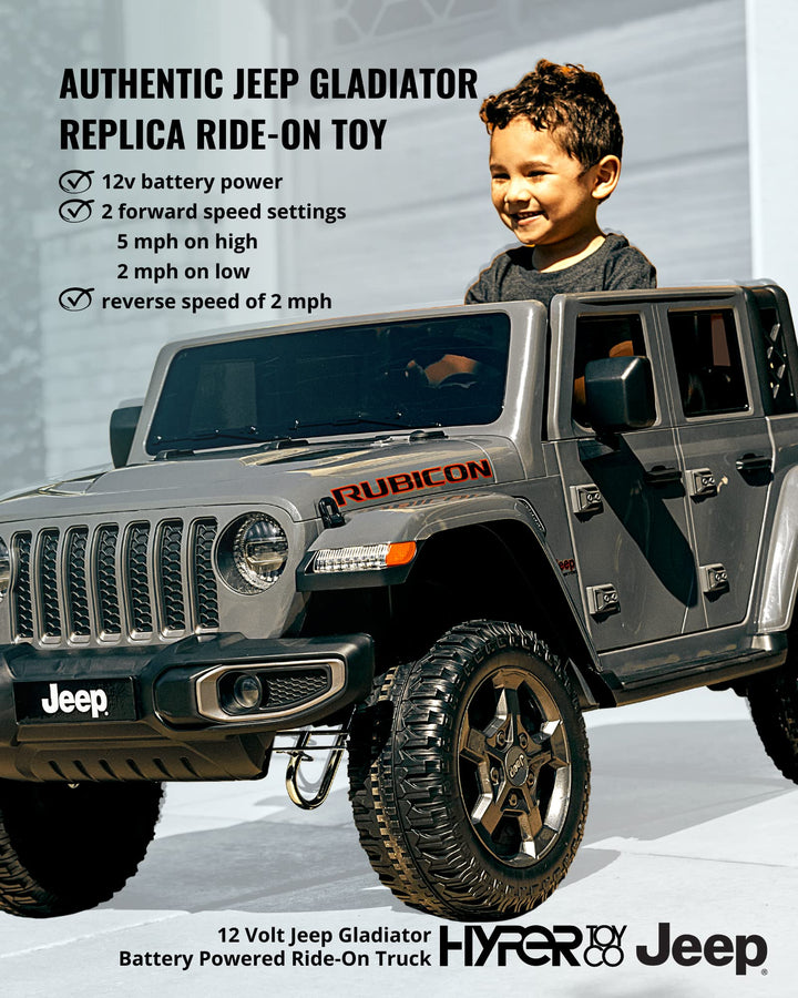Hyper Jeep Gladiator 12V Kids Ride On Car, 2 Seater with Real Doors & Sound Controls, for Children Aged 3 and Up (Gray)