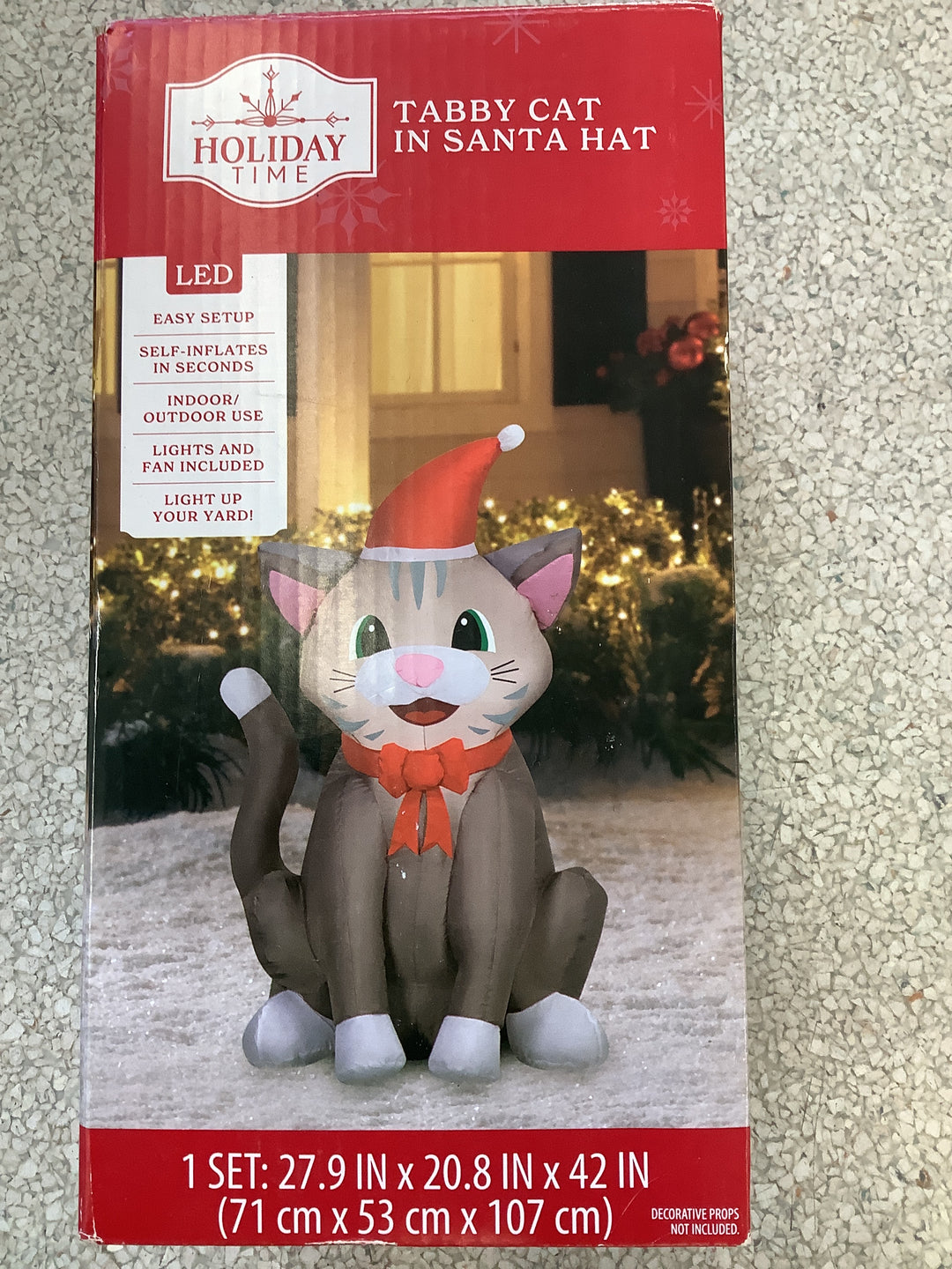 the Holiday Time Tabby Cat in Santa Outfit Christmas Airblown Yard Inflatable