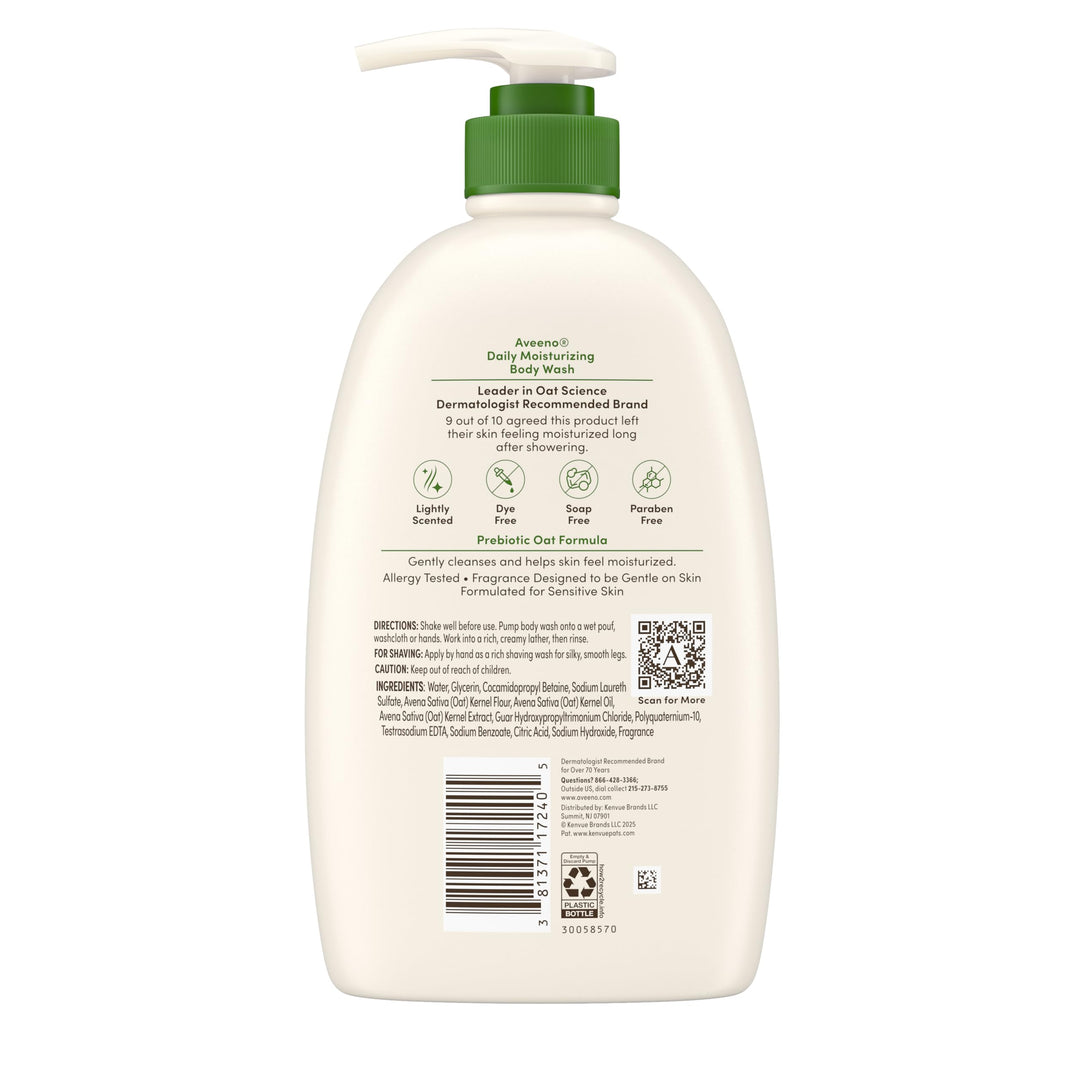 Aveeno Daily Moisturizing Body Wash for Women and Men for Dry & Sensitive Skin, Paraben, Soap & Dye-Free, Gentle Shower Cleanser, Dermatologist Recommended Brand, Lightly Scented, 33 Fl Oz Retail $8.00