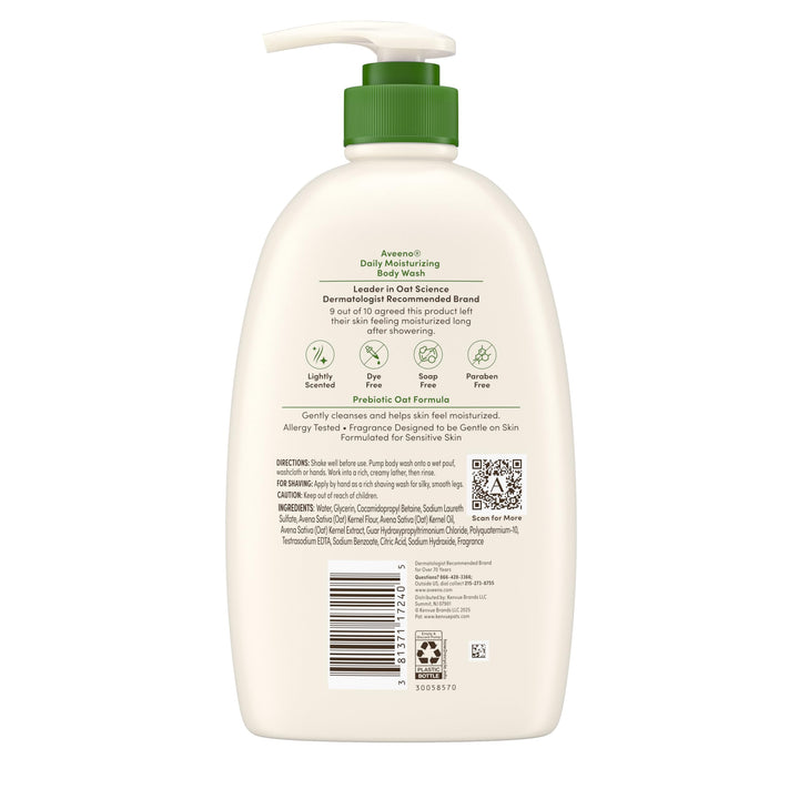 Aveeno Daily Moisturizing Body Wash for Women and Men for Dry & Sensitive Skin, Paraben, Soap & Dye-Free, Gentle Shower Cleanser, Dermatologist Recommended Brand, Lightly Scented, 33 Fl Oz Retail $8.00