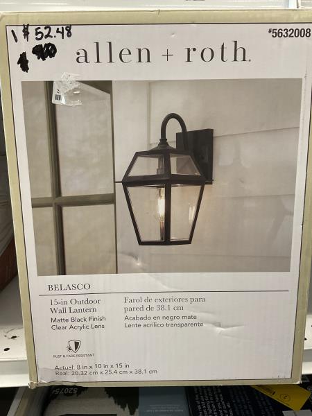 Allen & Roth Belasco 15-in outdoor wall lantern mattee black finish Retail $74.98