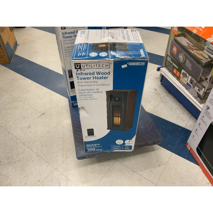 UTILITECH Infrared Wood Tower Heater - Adjustable Thermostat, Oscillation, 300 sq ft Coverage