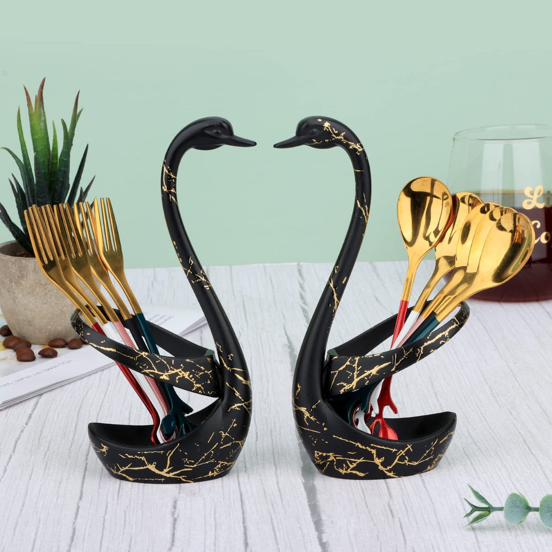 AnSaw Black Swan Base Holder with 5-Pieces 4.7-inch Small Coffee Spoons and 5-Pieces Dessert Fork, Leaf Handle Set (White & Gold)