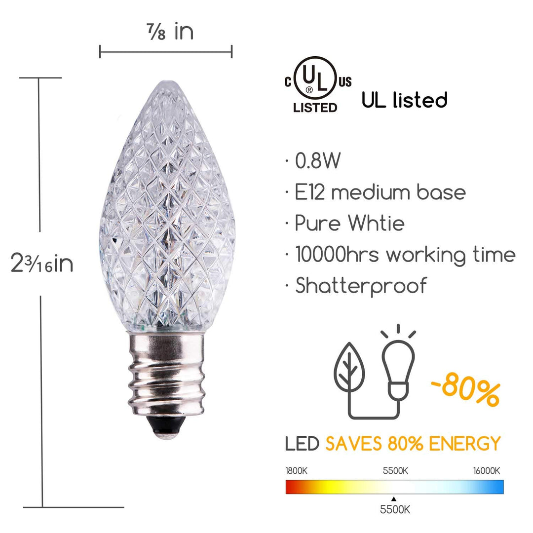 50 Pack C7 Led Replacement Christmas Light Bulb, C7 Shatterproof Led Bulbs for Christmas String Lights, E12 Candelabra Base, Commercial Grade Dimmable Holiday Bulbs, Cool White