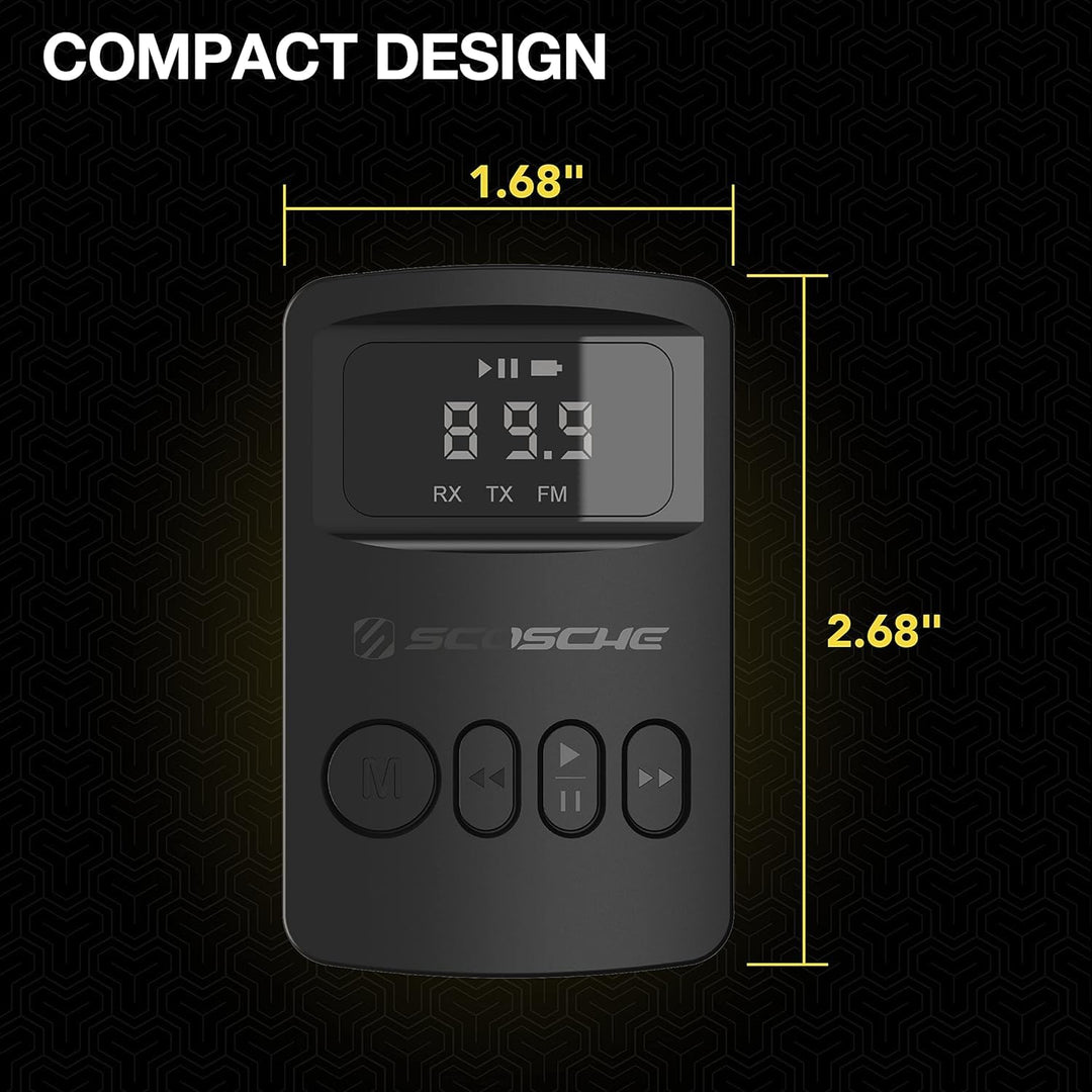 Scosche BTTRFM-SP1 Portable Bluetooth Transmitter/Receiver, FM Transmitter and Wireless Audio Receiver for TV, Headphones, Home/Car Stereo, Airplane Entertainment and more, up to 7 Hour Battery Life