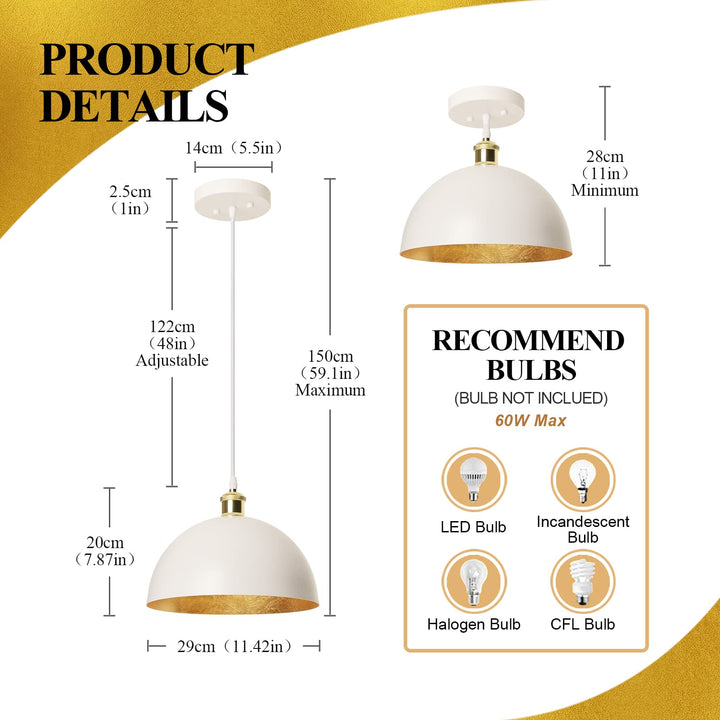 Flynix White and Gold Leaf Pendant Light, Vintage Ceiling Hanging Light Fixture, Farmhouse Adjustable Metal Hang Lamp, Industrial Dining Lights Fixture for Kitchen Bar Entryway Restaurant Warehouse
